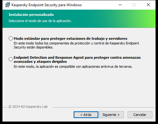 Ventana del instalador con configuración de la aplicación: Todas las funcionalidades o Endpoint Detection and Response Agent.