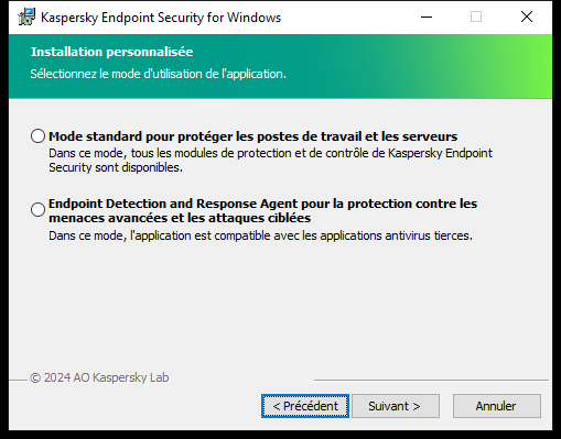 Fenêtre du programme d'installation avec configuration de l'application&nbsp;: fonctionnalités complètes ou Endpoint Detection and Response Agent.