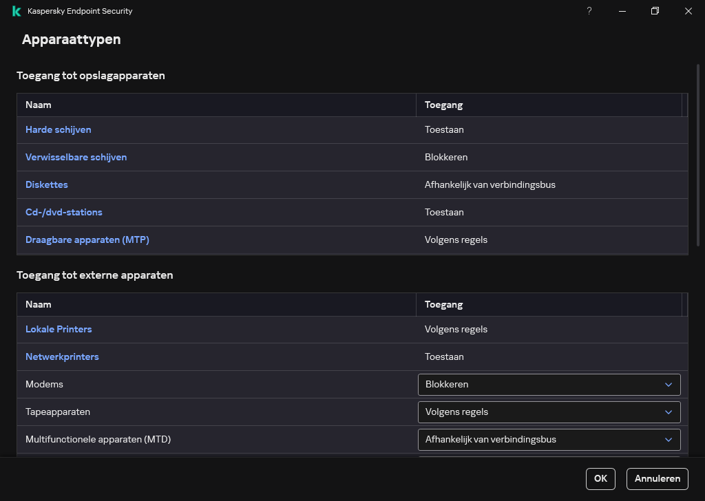 Venster voor het configureren van toegang tot apparaten. De gebruiker kan de toegang tot apparaten configureren en aanvullende toegangsparameters instellen, zoals het toegangsschema.