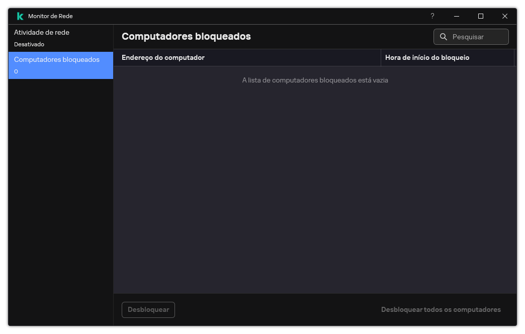 Janela do Monitor de Rede com a lista de computadores bloqueados. É possível desbloquear computadores individuais ou todos os computadores.