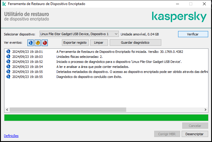 Uma janela com a lista de eventos do utilitário. O utilizador pode executar diagnósticos e desencriptar o dispositivo selecionado.