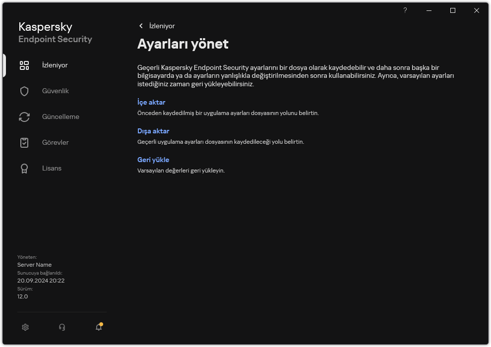 İstisna ayarları penceresi. Kullanıcı, uygulama ayarlarını dışa aktarabilir, içe aktarabilir veya geri yükleyebilir.