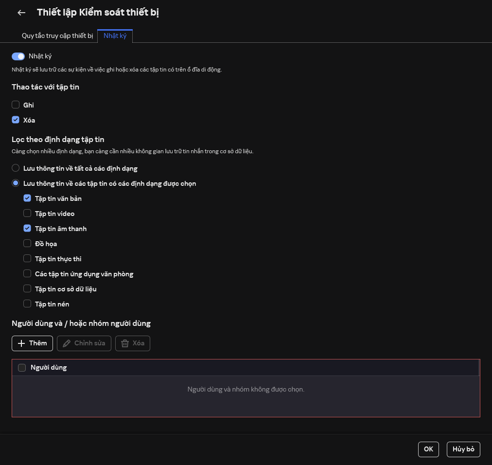 Cửa sổ để cấu hình ghi nhật ký sự kiện về việc sử dụng ổ đĩa di động. Người dùng có thể chọn các sự kiện để được ghi lại.