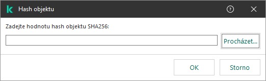 Okno s polem pro zadání hash součtu objektu. Uživatel může vybrat objekt pomocí správce souborů.