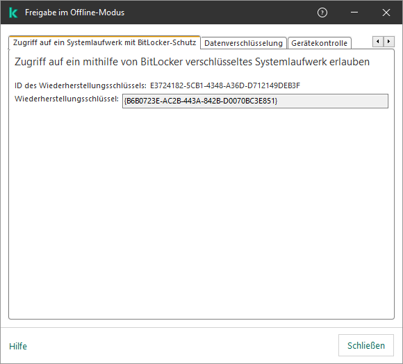 Ein Fenster mit dem Schlüssel zur Wiederherstellung des Zugriffs auf das verschlüsselte Systemlaufwerk.