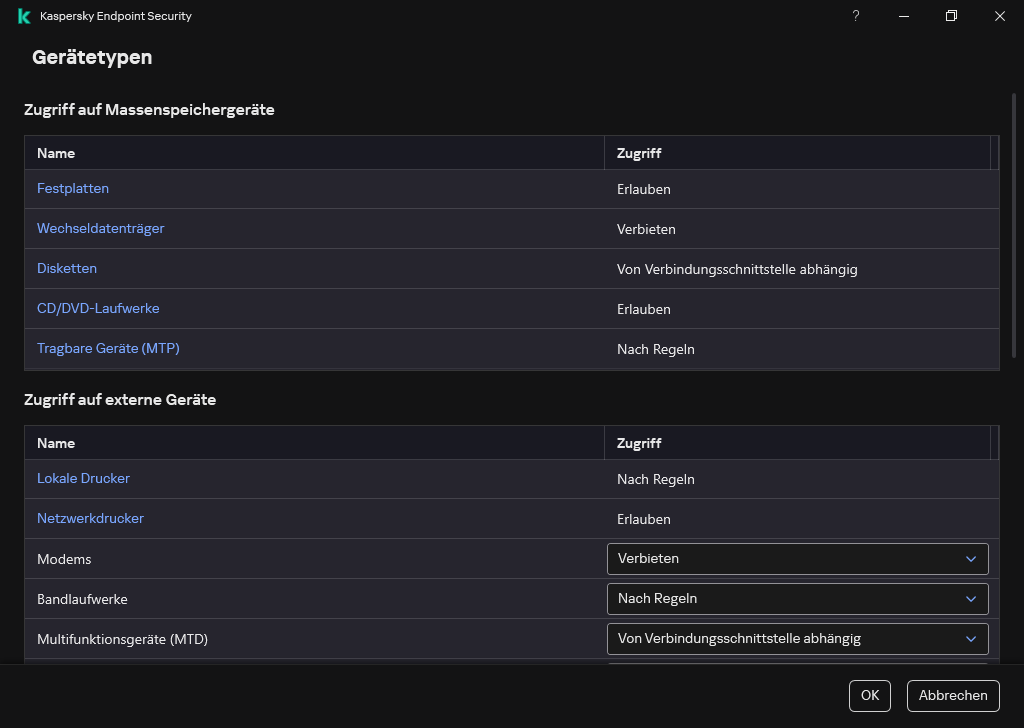 Fenster zum Konfigurieren des Zugriffs auf Geräte. Der Benutzer kann den Zugriff auf Geräte konfigurieren und zusätzliche Zugriffseinstellungen festlegen, z. B. einen Zugriffszeitplan.