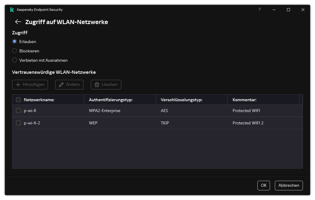 Ein Fenster mit einer Liste der WLAN-Netzwerke. Der Benutzer kann den Zugriff auf alle WLAN-Netzwerke konfigurieren und vertrauenswürdige WLAN-Netzwerke hinzufügen.