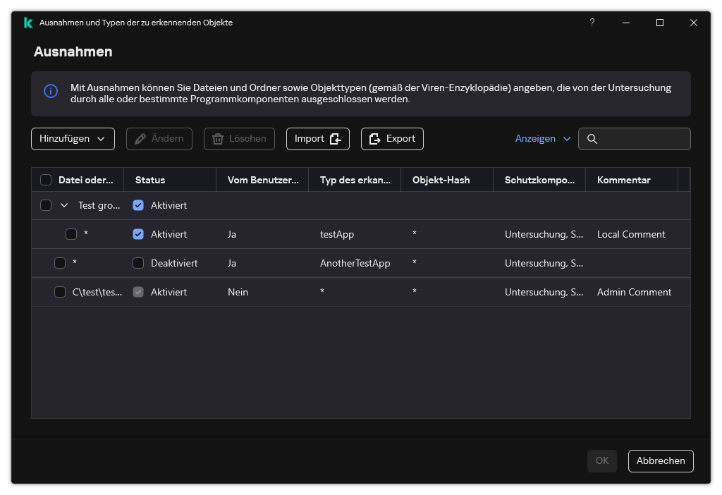 Ein Fenster mit der Liste der Ausnahmen. Die Eigenschaften der Ausnahme werden angezeigt. Der Benutzer kann Ausnahmen hinzufügen, bearbeiten oder löschen.