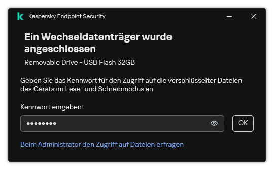 Das Fenster enthält ein Eingabefeld für das Kennwort. Der Benutzer kann eine Zugriffsanfrage-Datei erstellen.
