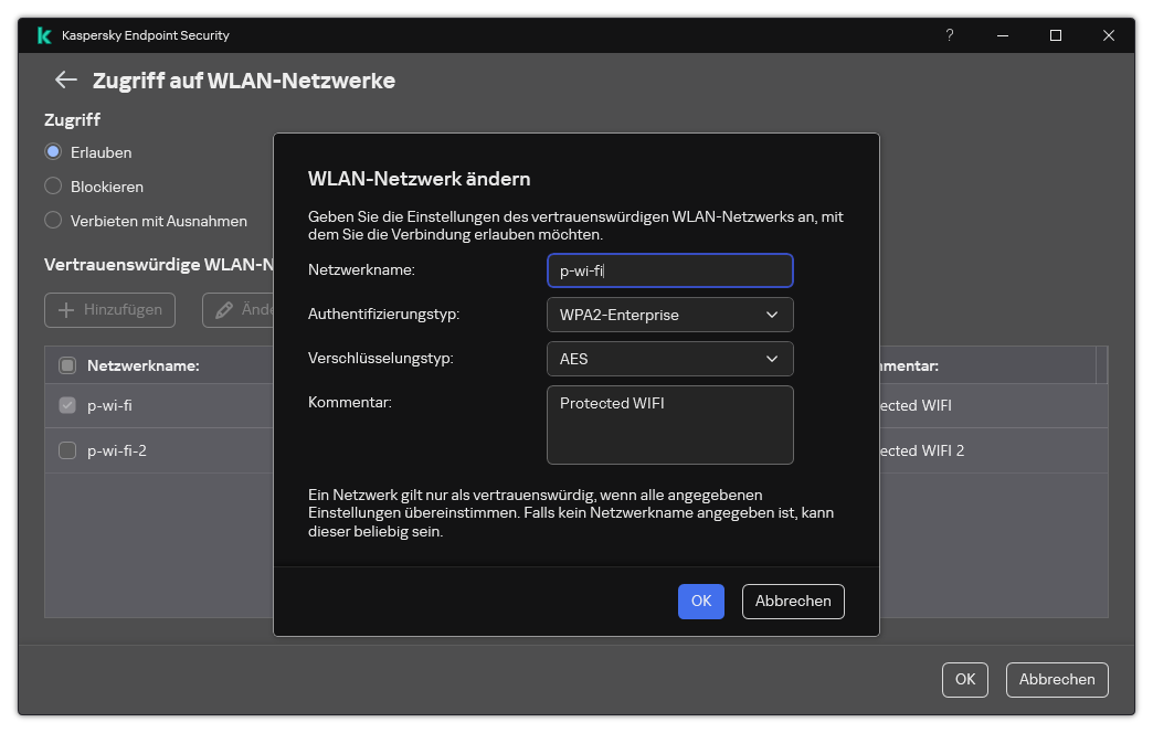 Das Fenster enthält die Einstellungen des vertrauenswürdigen WLAN-Netzwerks.