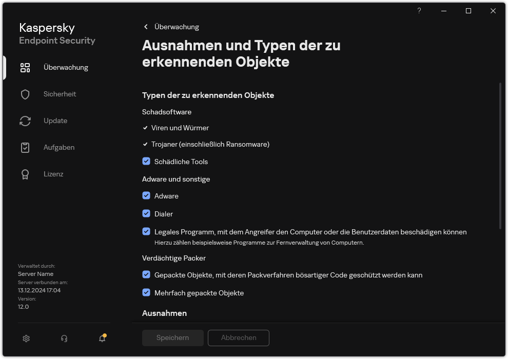 Fenster mit Einstellungen für Ausnahmen. Der Benutzer kann die Typen der zu erkennenden Objekte auswählen und Objekte zu den Ausnahmen hinzufügen.