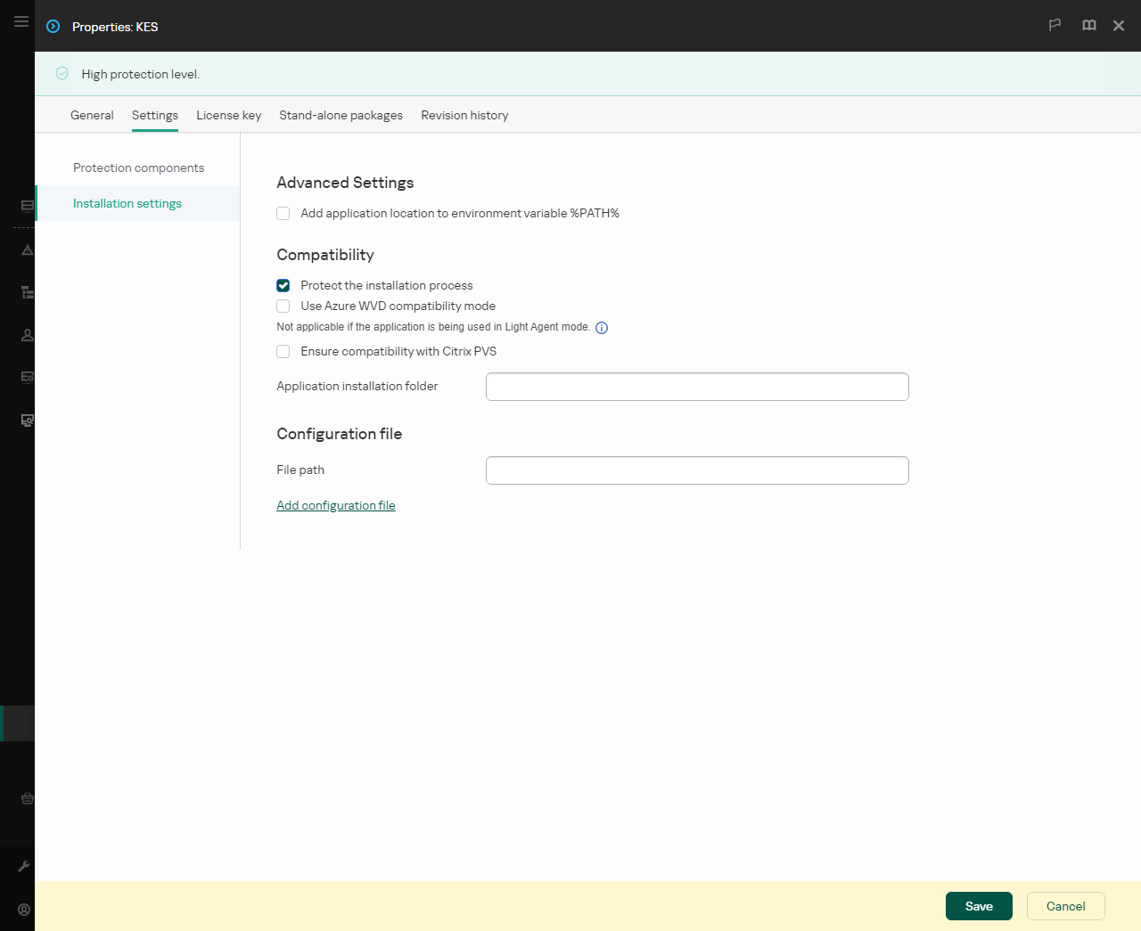 Installation package properties window. You can configure the installation of the application.
