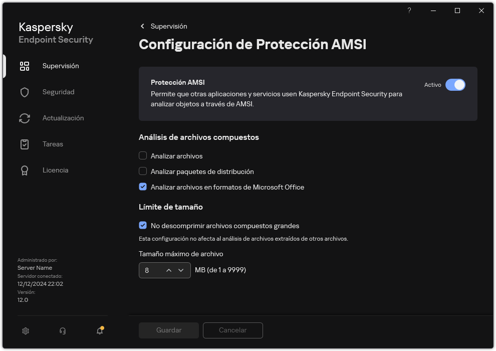 Ventana Configuración de Protección AMSI.