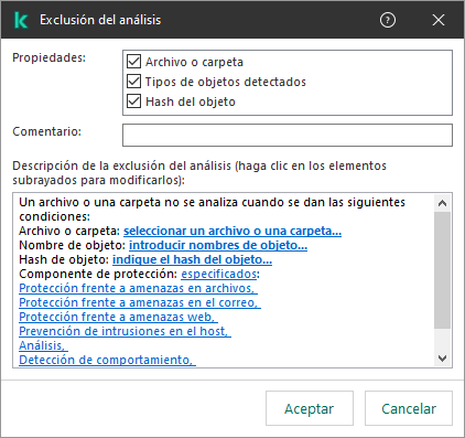 Una ventana con herramientas de selección de exclusión. El usuario puede seleccionar un archivo o carpeta, introducir un nombre de objeto o hash.