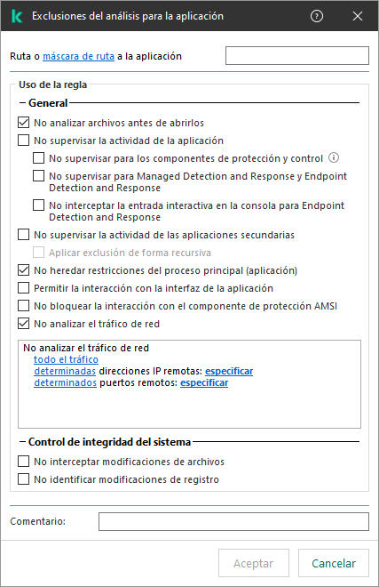 Una ventana con un campo para introducir la ruta a un archivo o carpeta. Se pueden usar máscaras.