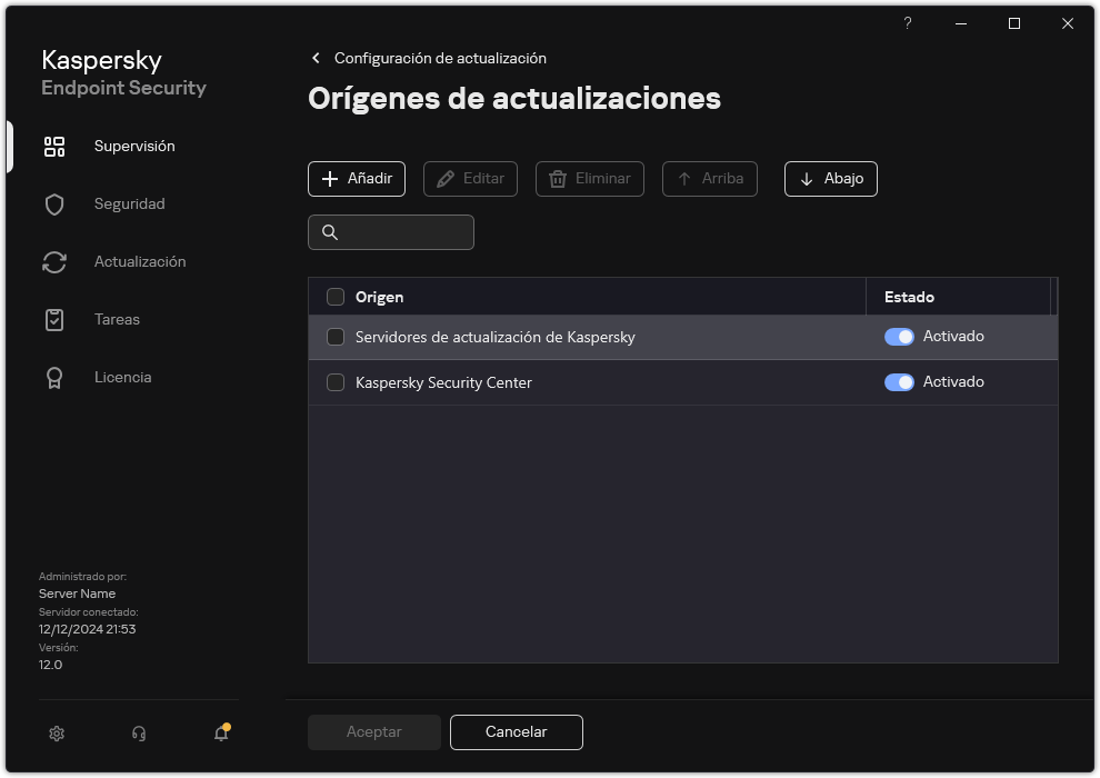 Una ventana con la lista de fuentes de actualización. El usuario puede agregar fuentes de actualización y asignar una prioridad a la fuente.
