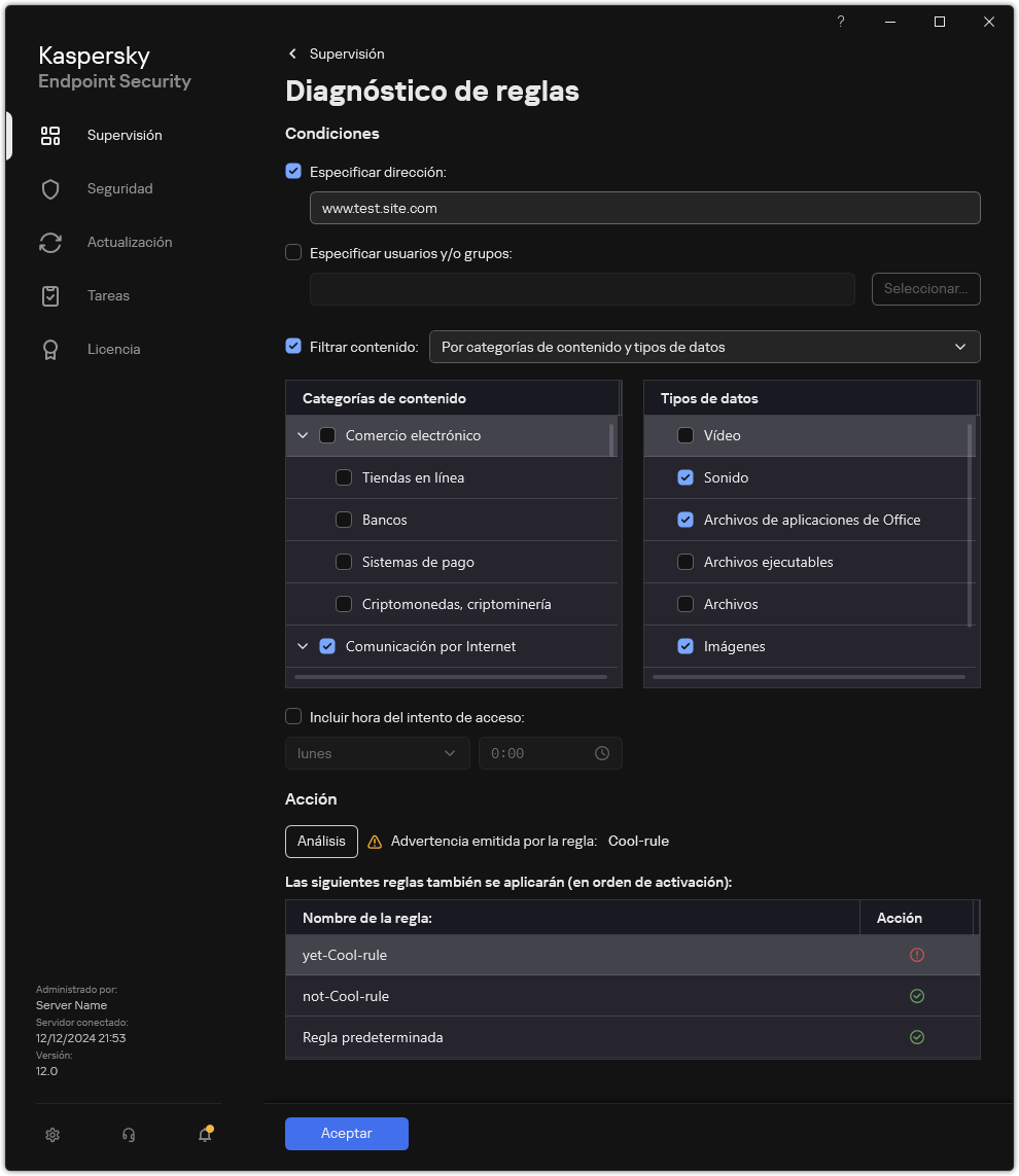 Ventana de resultados de pruebas de recursos web.