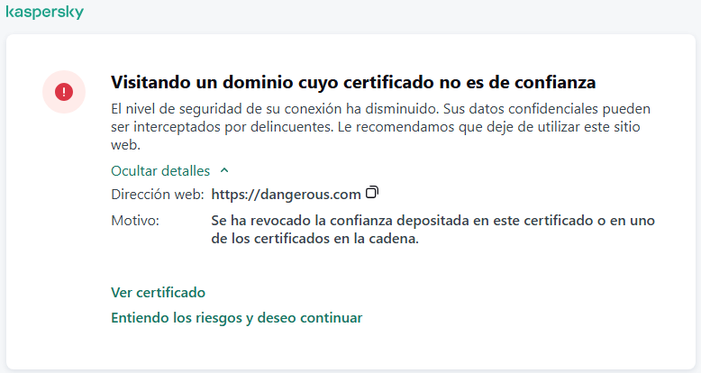 Notificación de Kaspersky sobre la visita a un dominio con un certificado que no es de confianza en la ventana del navegador. El usuario puede seguir trabajando.