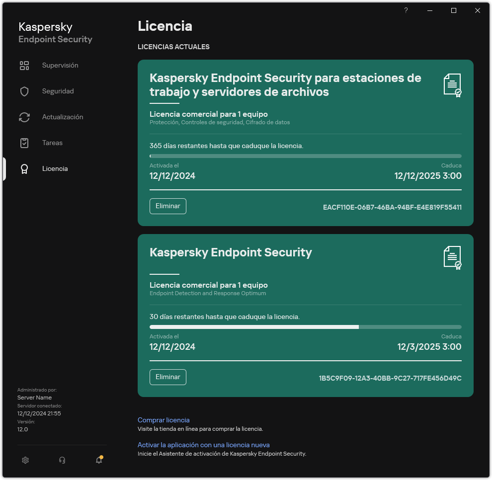Ventana con licencias en vigor.