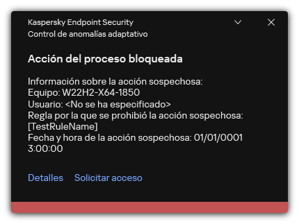 Notificación sobre la activación de una regla. El usuario puede crear una solicitud para permitir una acción de proceso.