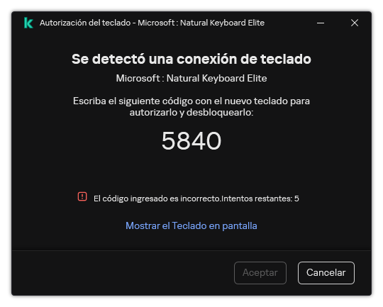 La ventana con el código de autorización del teclado. El usuario puede activar el teclado en pantalla e ingresar el código.