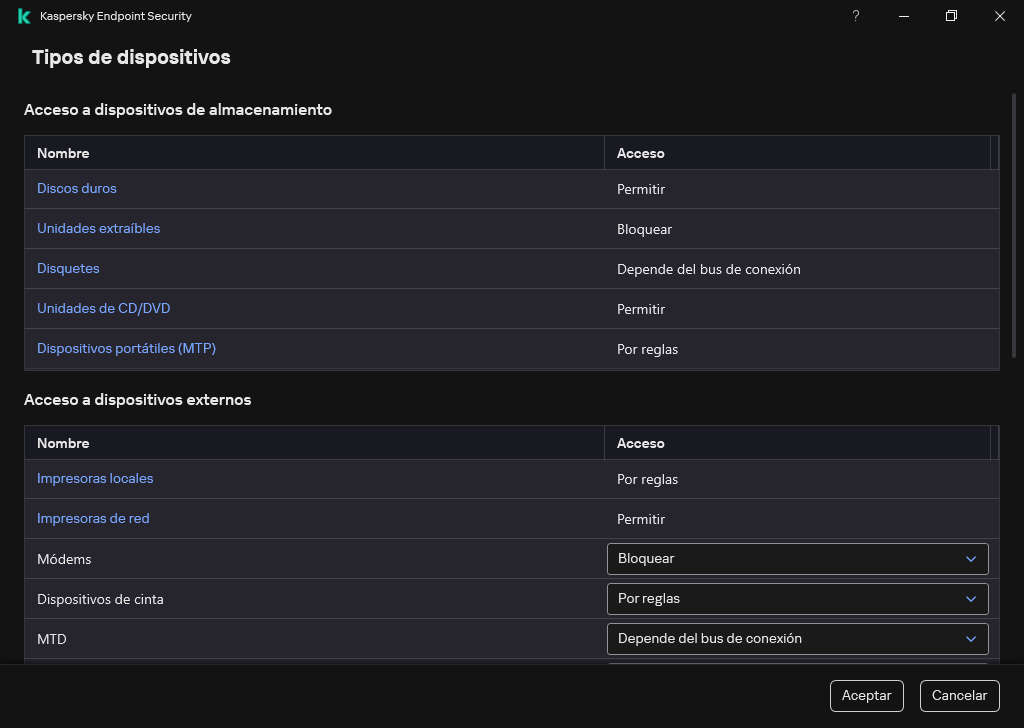 Ventana para configurar el acceso a los dispositivos. El usuario puede configurar el acceso a los dispositivos y establecer parámetros de acceso adicionales, como la programación de acceso.