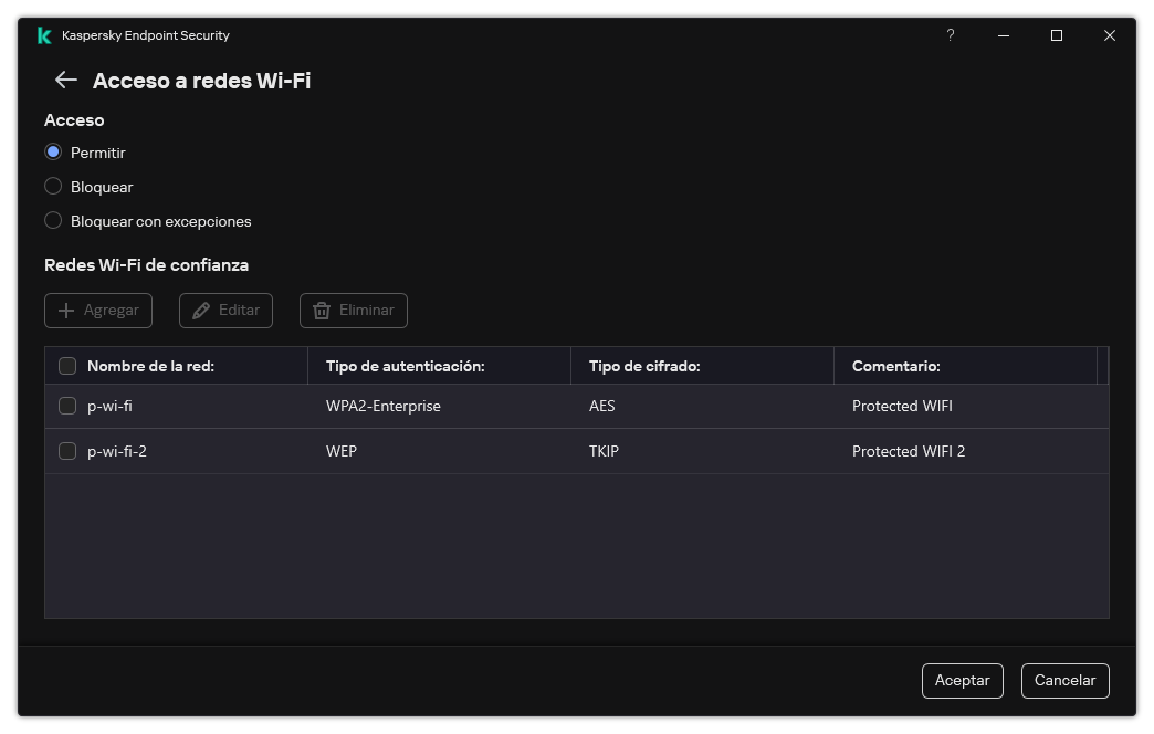 Una ventana con la lista de redes Wi-Fi. El usuario puede configurar el acceso a todas las redes Wi-Fi y agregar redes Wi-Fi de confianza.