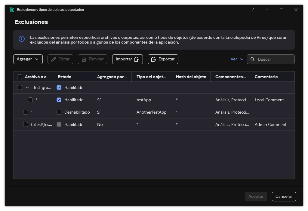 Una ventana con la lista de exclusiones. Se muestran las propiedades de exclusión. El usuario puede agregar, editar o eliminar exclusiones.