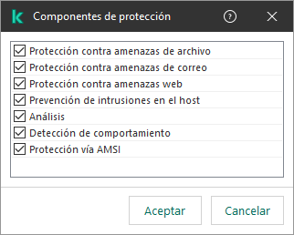 Una ventana con la lista de componentes de la aplicación. La exclusión se aplica únicamente a la operación de los componentes seleccionados.