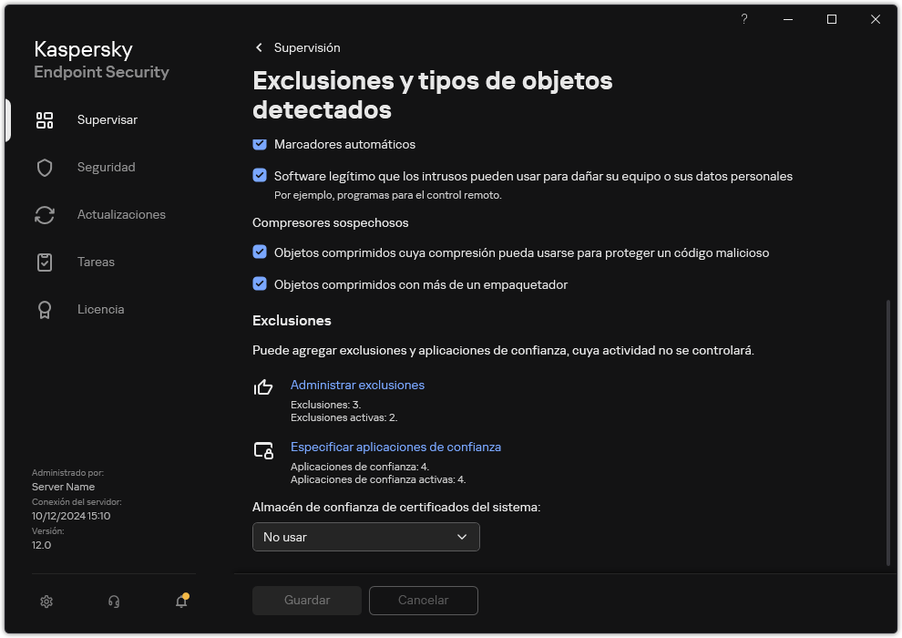 Ventana Configuración de exclusiones. El usuario puede agregar exclusiones y aplicaciones de confianza.