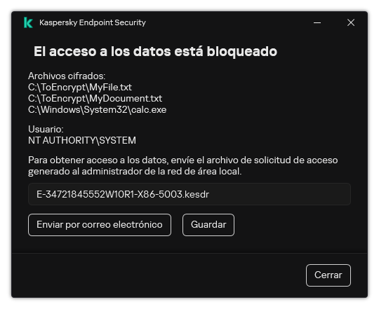 Una ventana con un archivo de solicitud para acceder a datos cifrados. El usuario puede guardar el archivo generado en el disco o enviarlo por correo electrónico.
