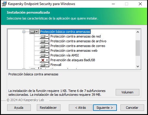 Ventana del instalador que contiene una lista de componentes que un usuario puede seleccionar.