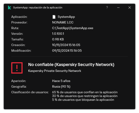 La ventana contiene información sobre la reputación del archivo y otros datos, como la presencia de una firma digital.