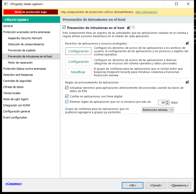 Ventana de Configuración de Prevención de intrusiones