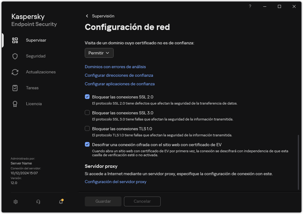 Ventana Configuración de red de la aplicación.