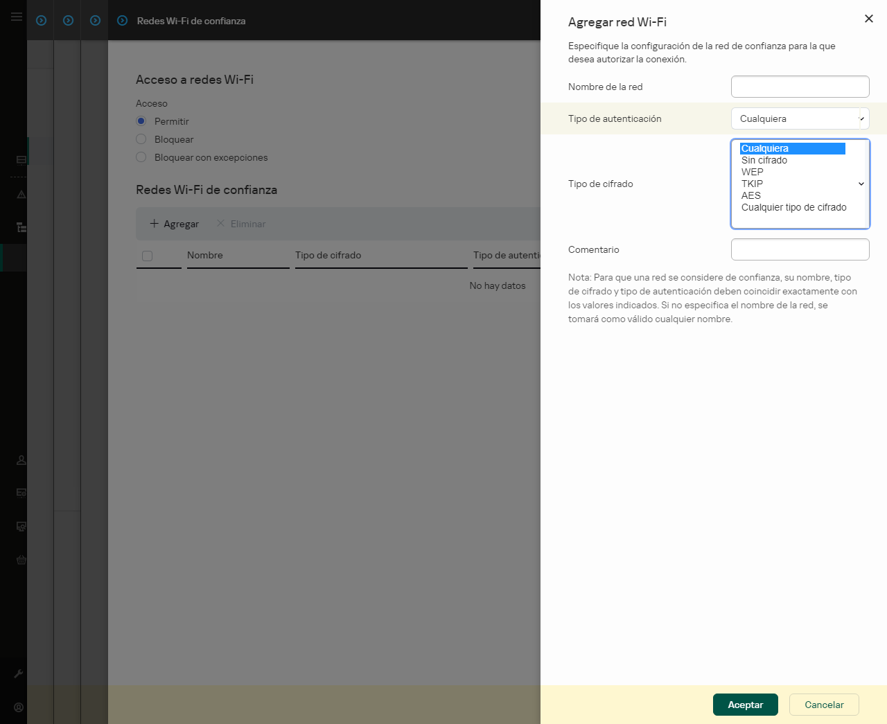 La ventana contiene la configuración de la red Wi-Fi de confianza.