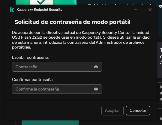 La ventana contiene campos para ingresar y confirmar la contraseña.