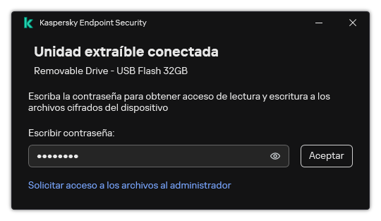 La ventana contiene un campo de entrada de contraseña. El usuario puede crear una solicitud de acceso de archivo.