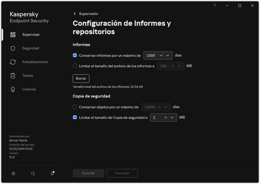 Ventana Configuración de informes y repositorios. El usuario puede establecer el tamaño y limitar el tiempo de almacenamiento de informes y objetos en el repositorio.