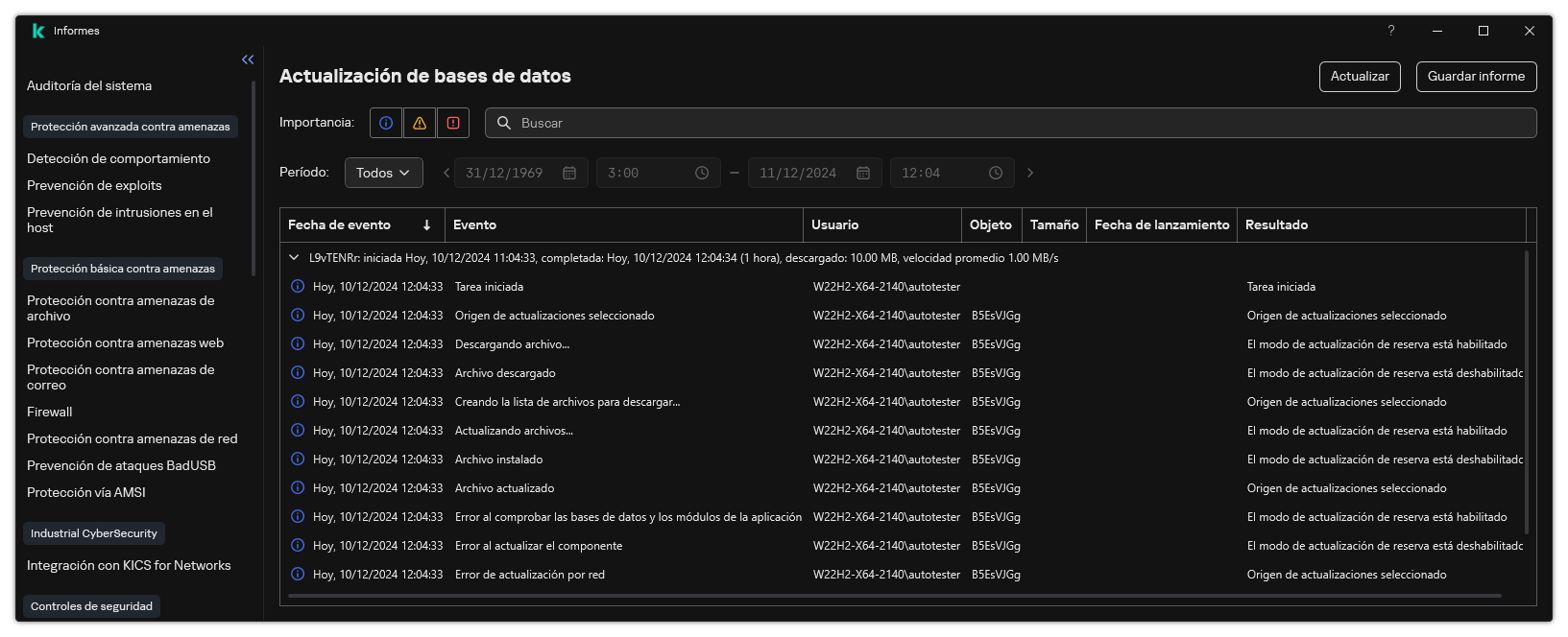 Una ventana con la lista de eventos en el informe. El usuario puede filtrar/ordenar eventos y guardar informes en un archivo.