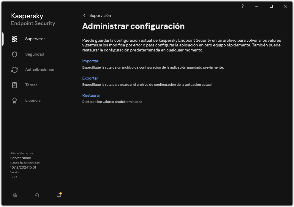 Ventana Configuración de exclusiones. El usuario puede exportar, importar o restaurar la configuración de la aplicación.