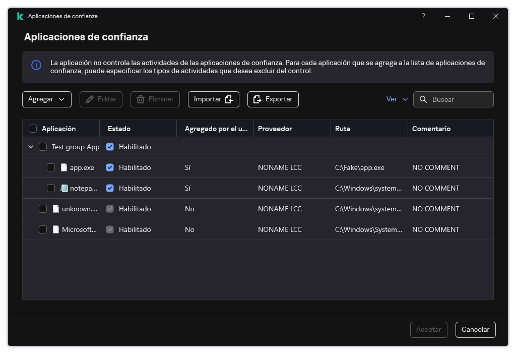 Una ventana con la lista de aplicaciones de confianza. El usuario puede agregar, editar o quitar una aplicación de confianza.