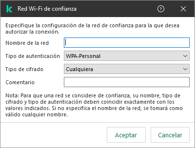 La ventana contiene la configuración de la red Wi-Fi de confianza.