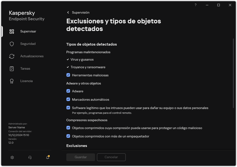 Ventana Configuración de exclusiones. El usuario puede seleccionar tipos de objetos detectados y agregar objetos a exclusiones.