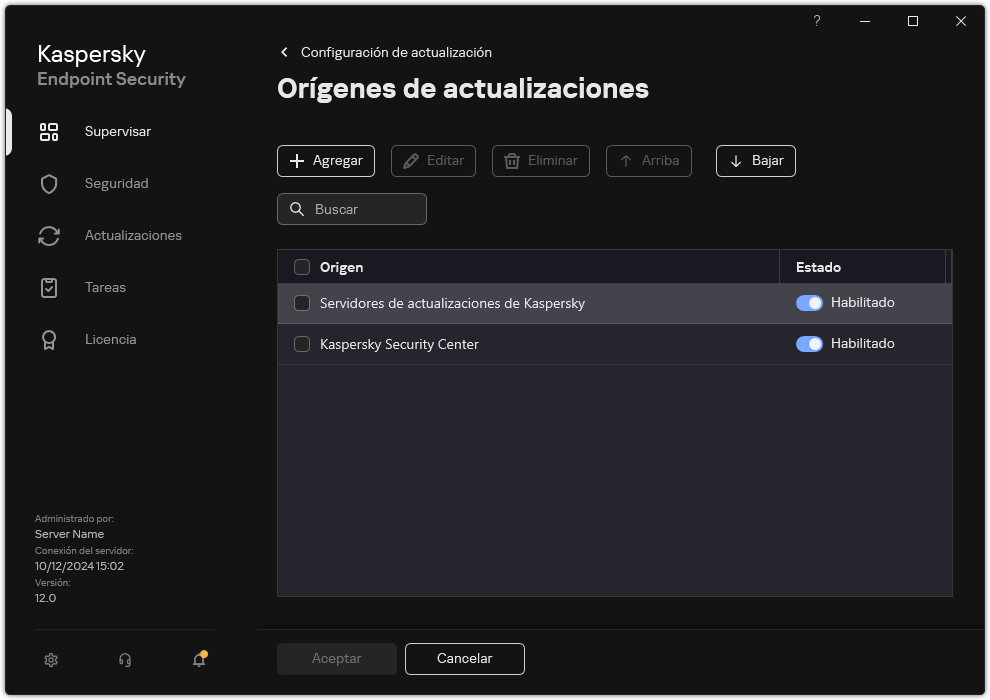 Una ventana con la lista de orígenes de actualizaciones. El usuario puede agregar orígenes de actualizaciones y asignar una prioridad a la fuente.