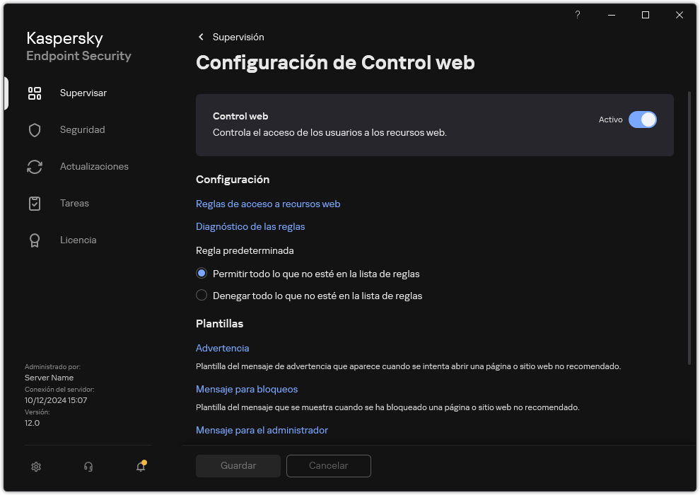 Ventana de configuración de Control web.