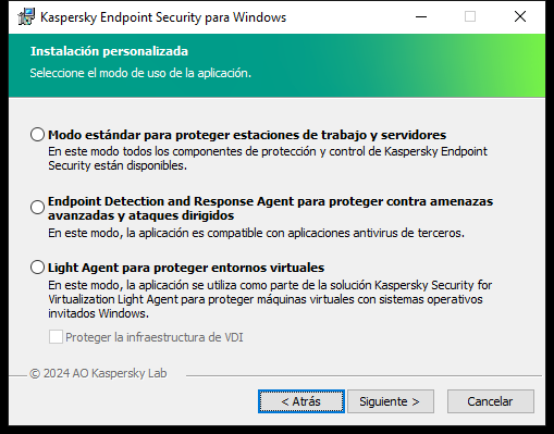 Ventana del instalador con configuración de la aplicación: Todas las funcionalidades o Endpoint Detection and Response Agent.