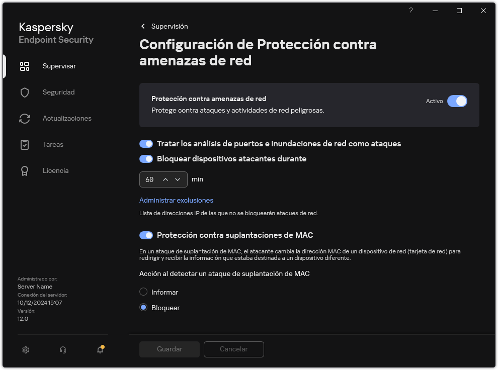 Ventana de configuración de Protección contra amenazas de red