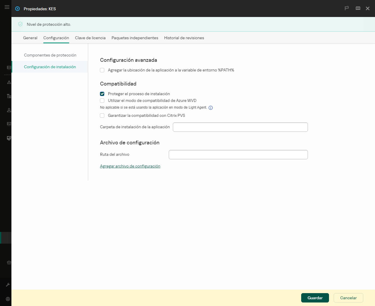 Ventana de propiedades del paquete de instalación. Puede configurar la instalación de la aplicación.