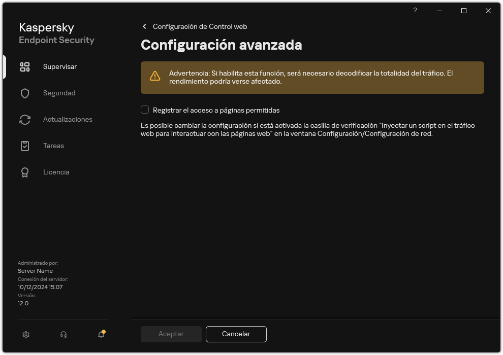 Ventana de configuración avanzada de Control web.